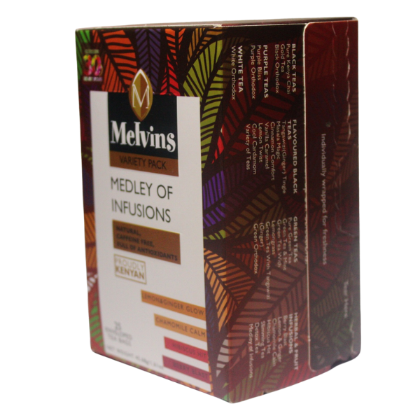 Melvins Medley of Infusions Kenyan herbal tea side angle box