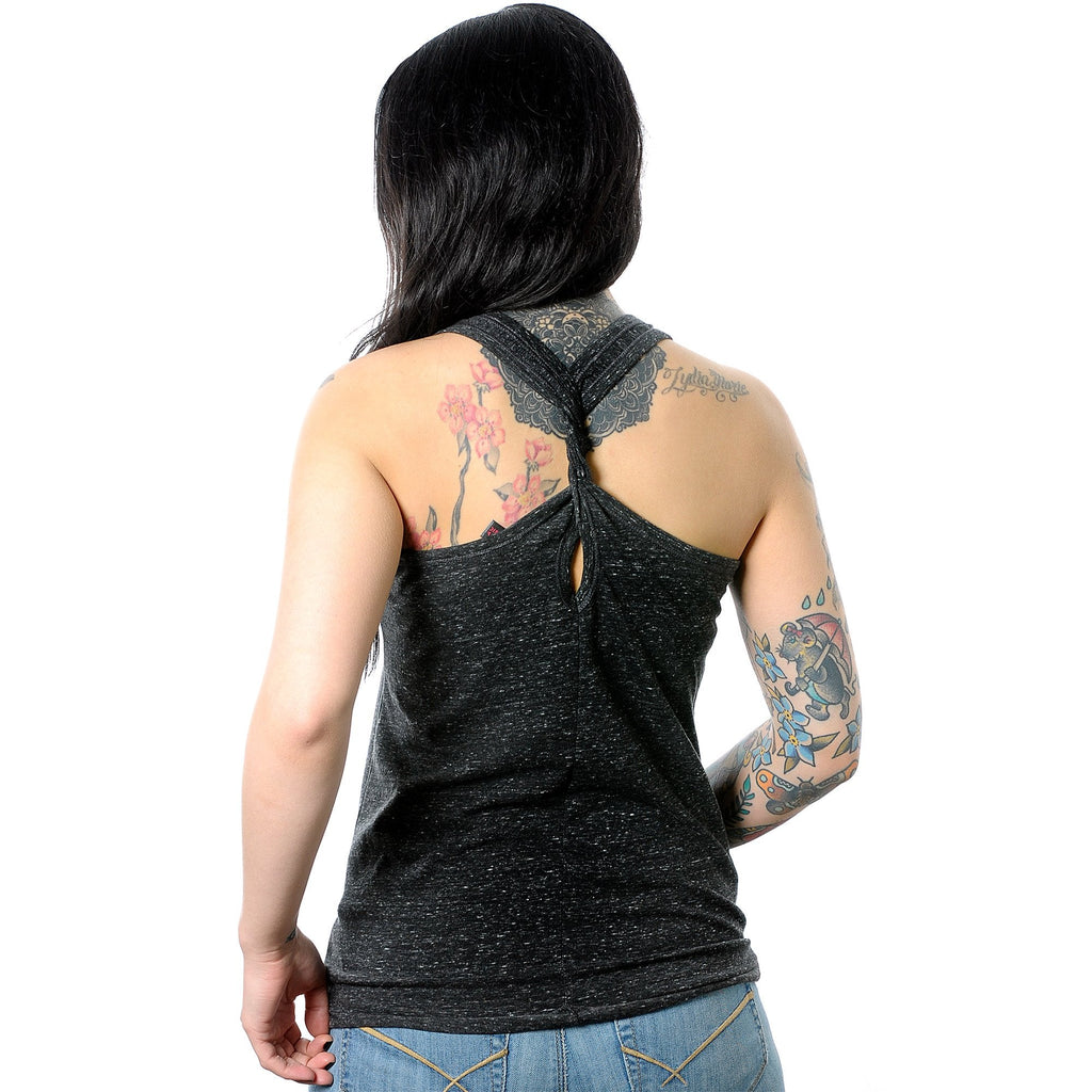 Pierced & Pretty Black Gray Cosmic Twist Back Tank Top