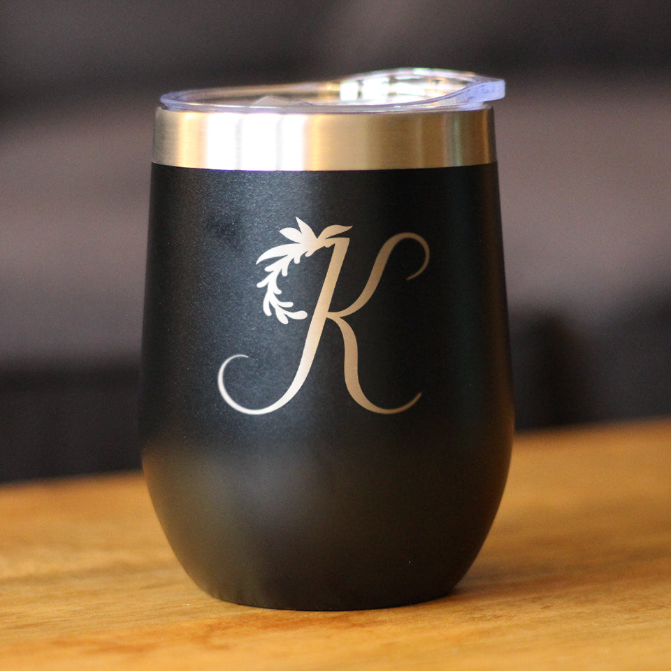 Monogram Floral Initial Letter K - Wine Tumbler