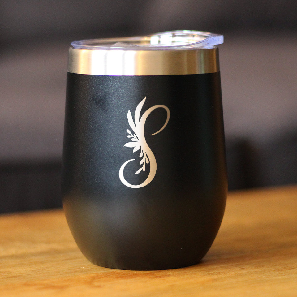 Monogram Floral Initial Letter S - Wine Tumbler