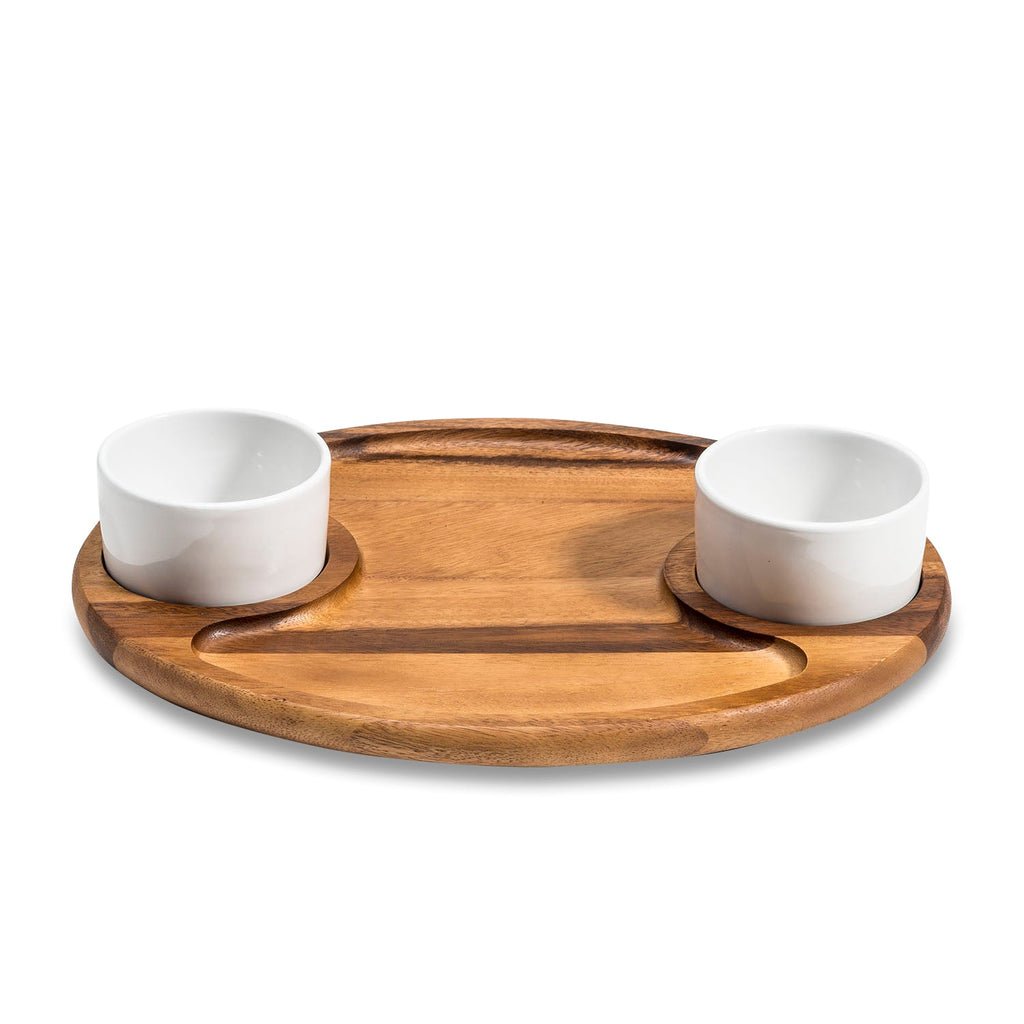 Charcuterie Serving Tray Acacia Board with 2 Ceramic Bowls and Lids