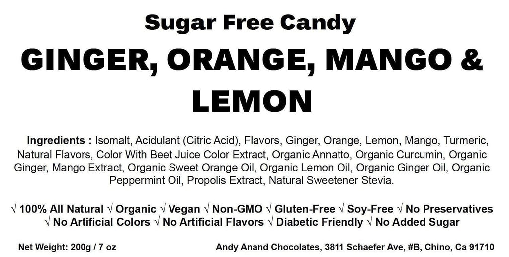 Andy Anand Sugar-Free Italian Ginger Candy, 55 pc, 7 oz – Orange, Mango & Lemon Flavors, Made in Italy, Keto & Diabetic-Friendly Gift Box