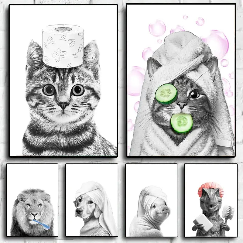 Funny black and white dog bathroom poster wall art