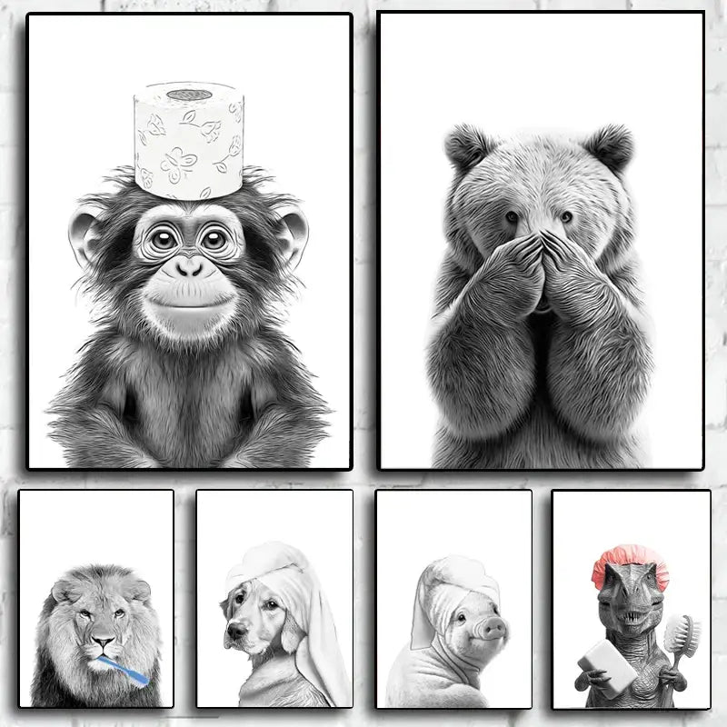 Funny black and white dog bathroom poster wall art