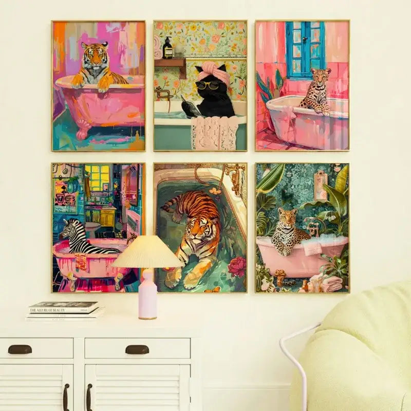 Vibrant pink leopard bathtub animal canvas art bathroom decor