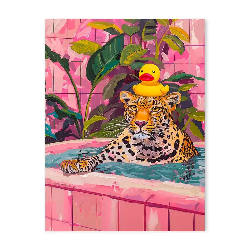 Vibrant pink & peach leopard animal canvas wall art bathroom decor