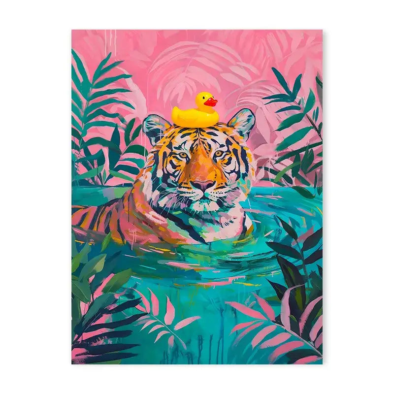Vibrant tiger in pink bathtub animal canvas wall art bedroom decor