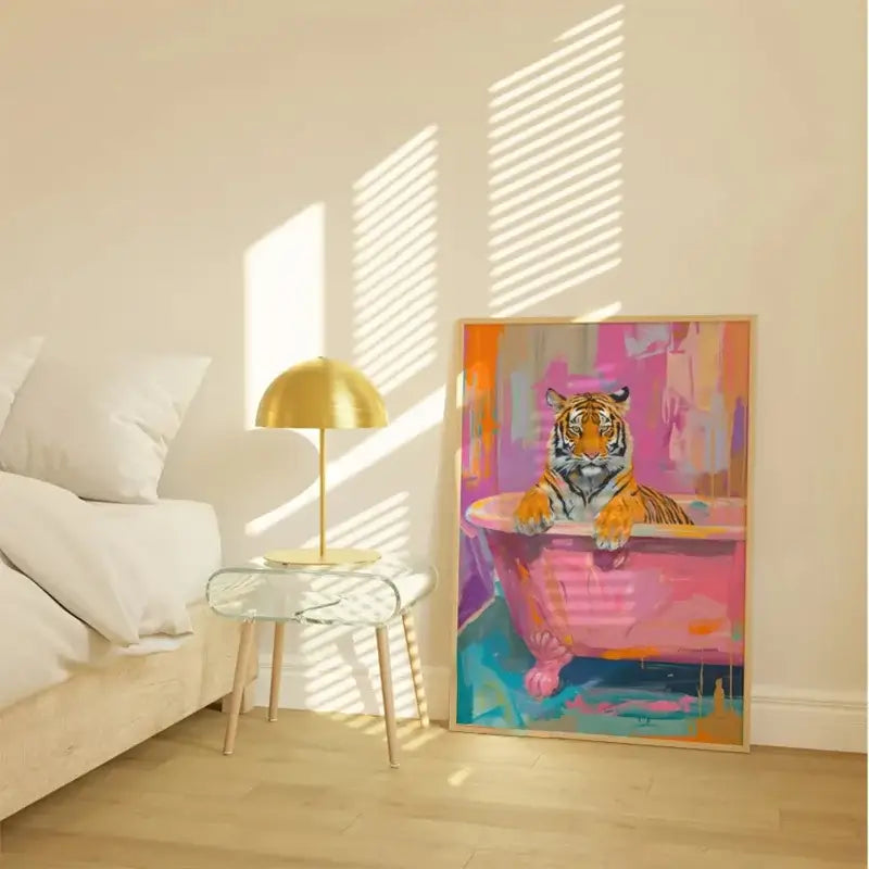 Vibrant orange tiger colorful bathtub animal wall art bedroom canvas