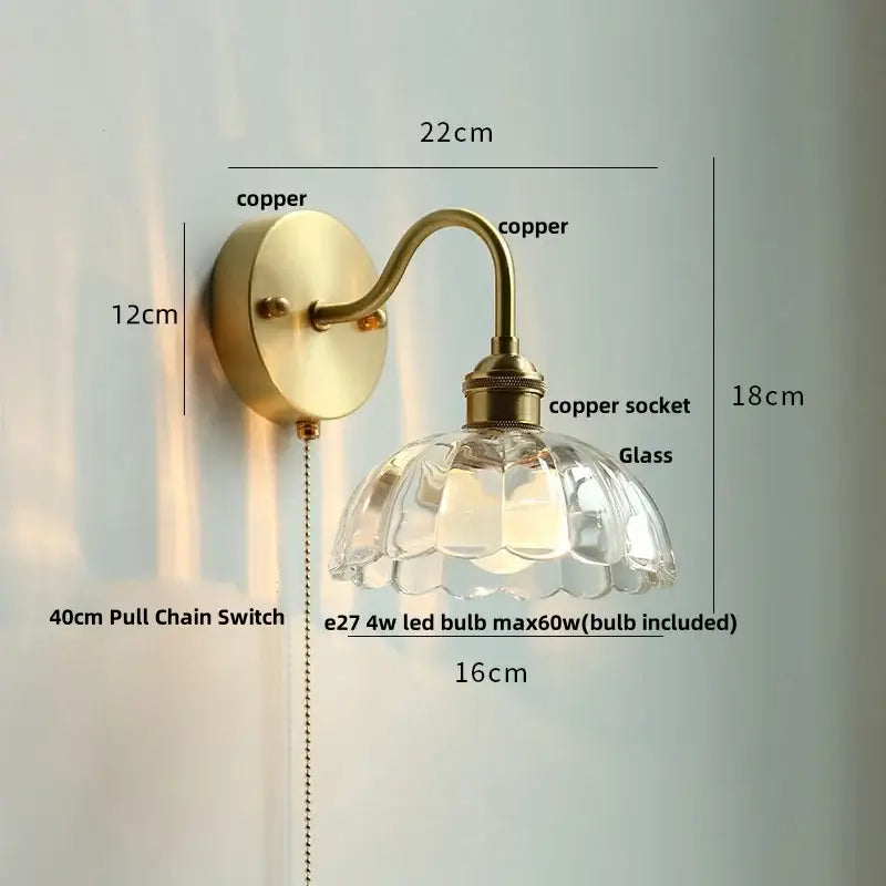 Antique brass crystal led wall sconce bedroom pull chain light
