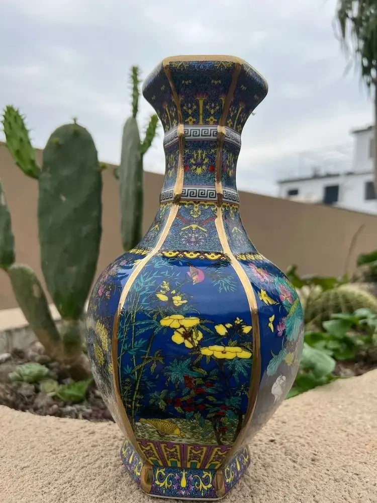 Antique blue & gold floral antique ceramic vase 24cm living room decor