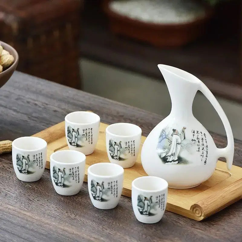 DecorBites™ Ceramic Wine Set Dispenser Antique Pot Liquor Cup Warming Container