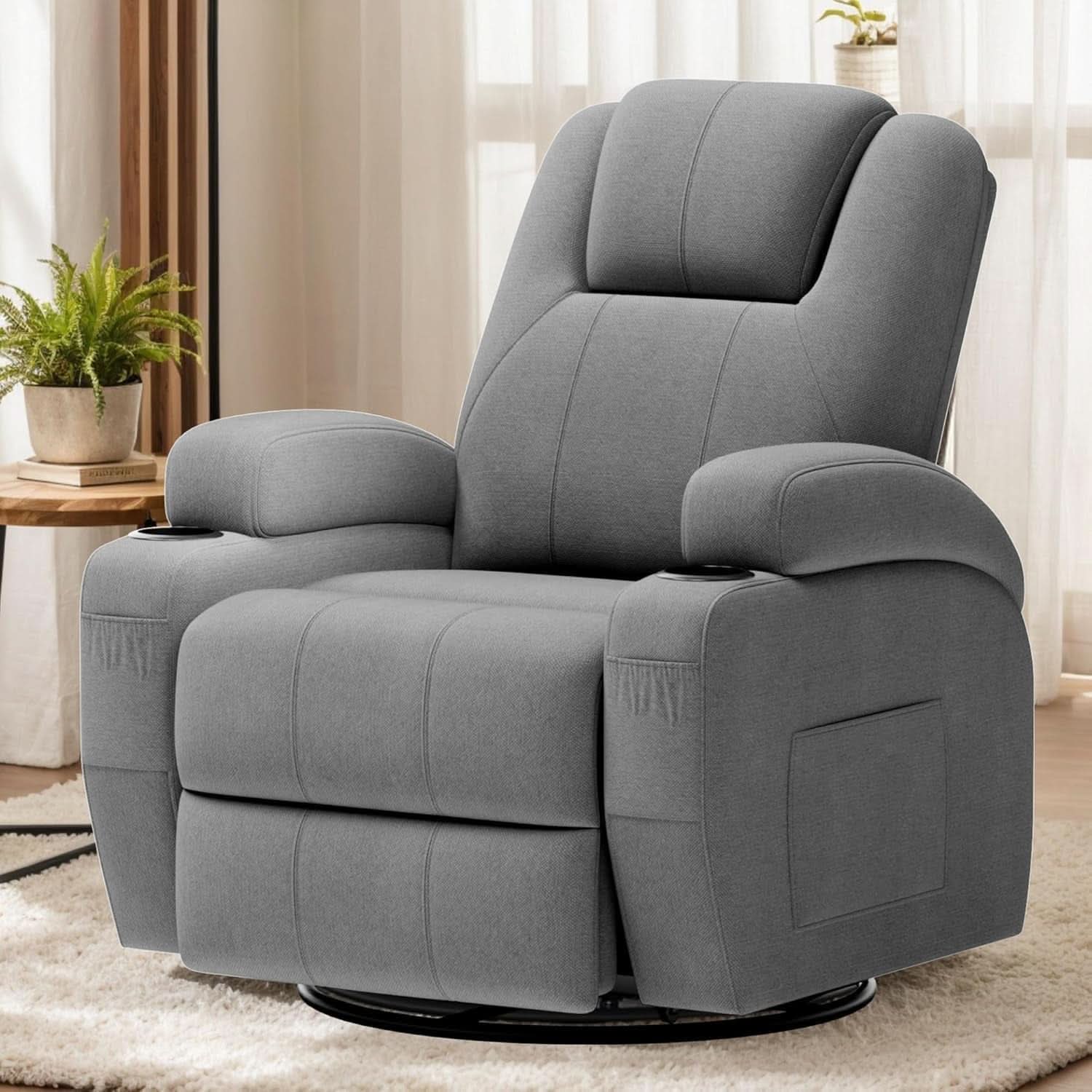 Gray Fabric Swivel Rocker Recliner With Vibration Massage