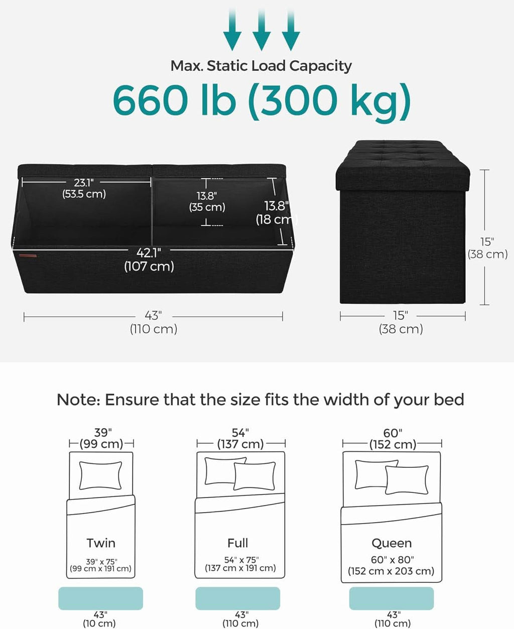Ink Black 43 Inches Super Ultra Foldable Storage Ottoman