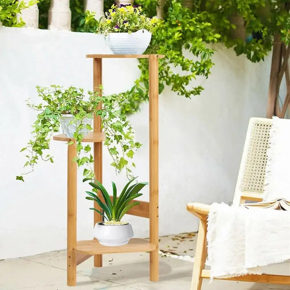 Natural & dark bamboo corner plant stand living room 3-tier rack