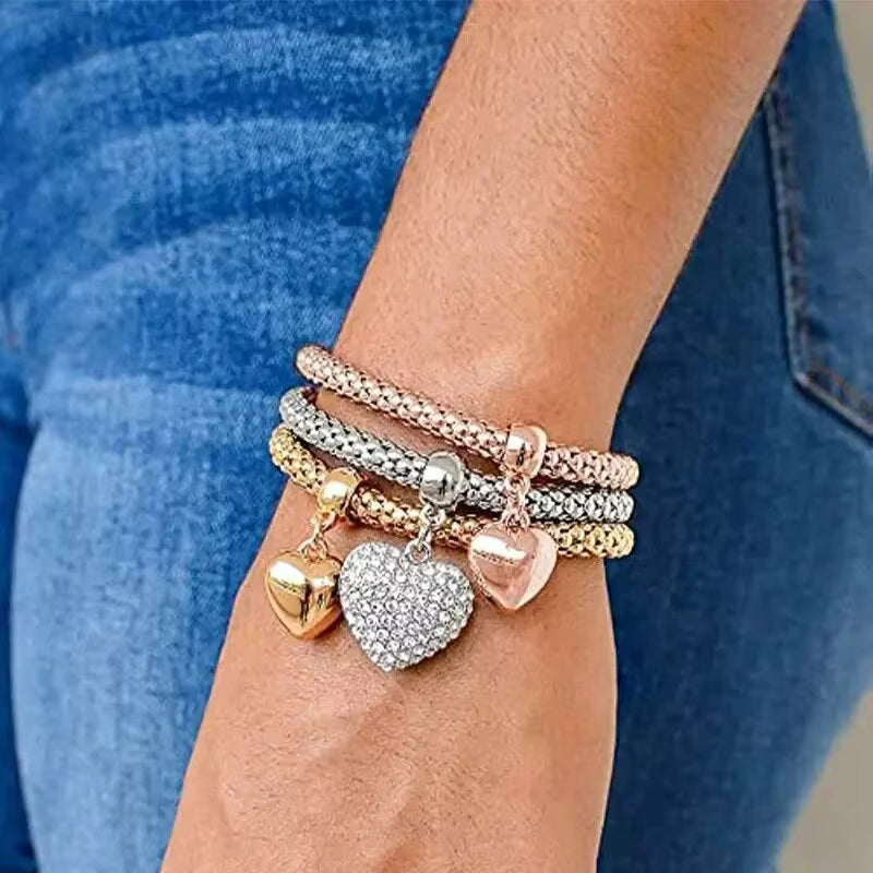 Rose Gold Plating Silver Color Chain Charm Bangle Jewelry Set