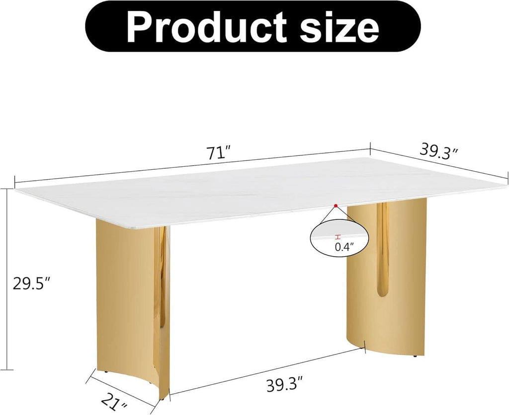 White Marble Dining Table 71 Inch Glass Top Gold Base