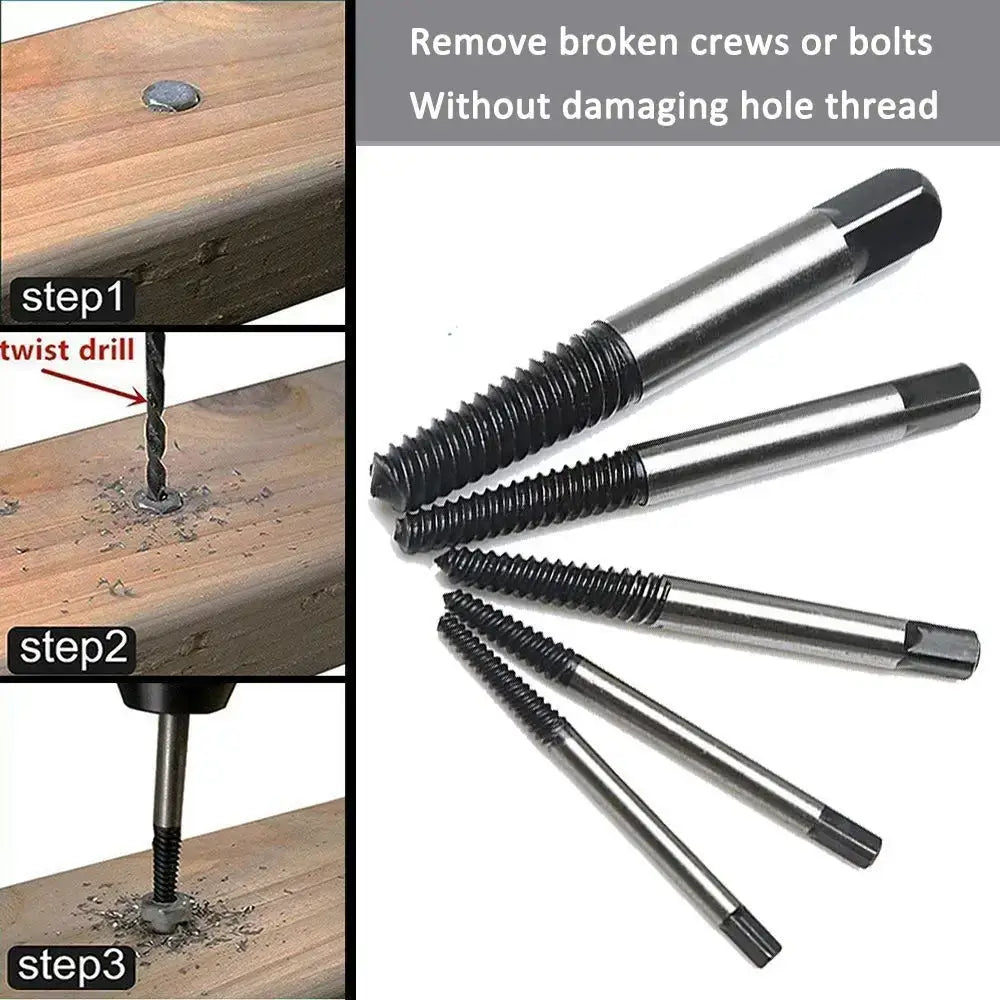 Black & silver bolt extractor kit garage broken screw remover set