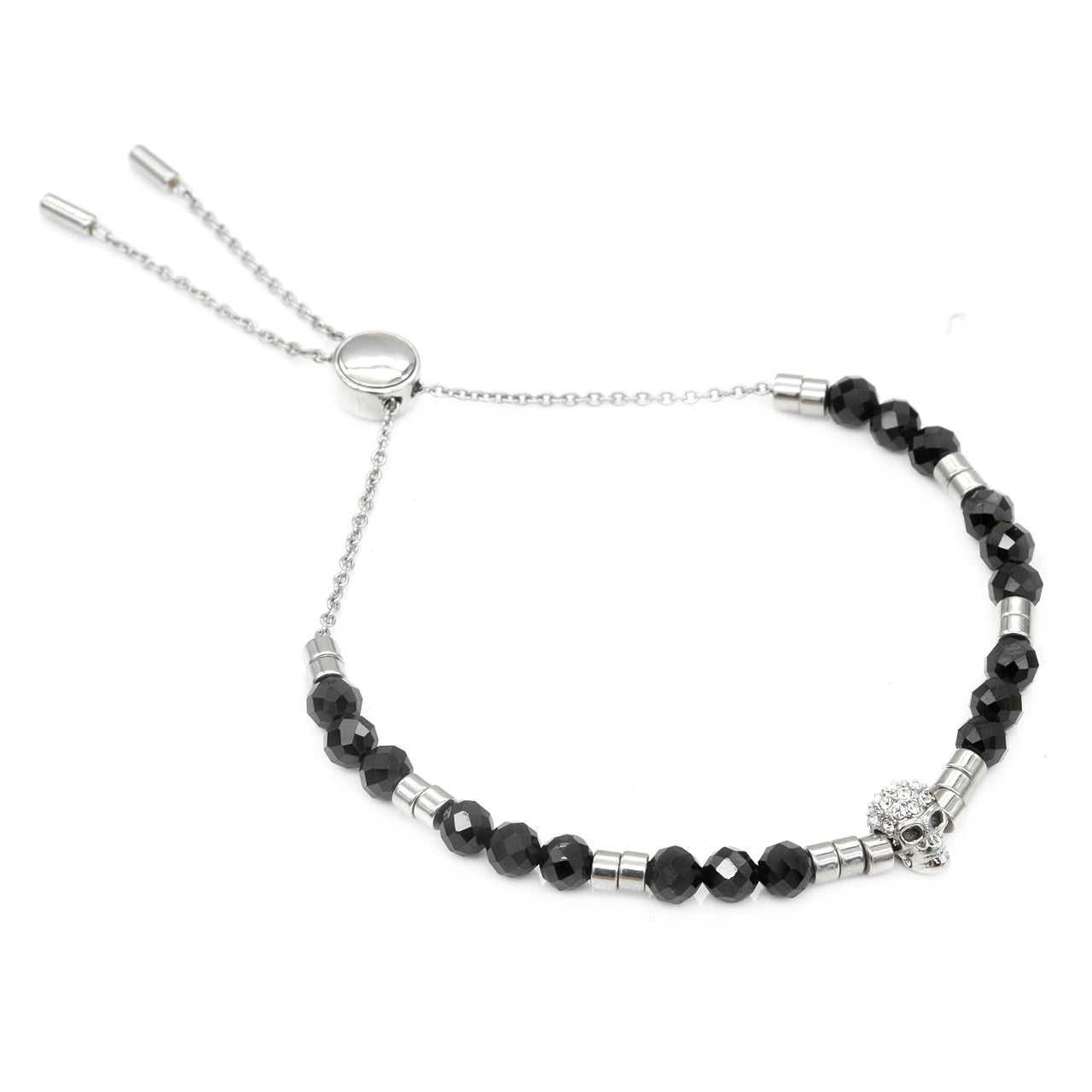 Black Spinel Beaded Bracelet With White Swarovski Skull