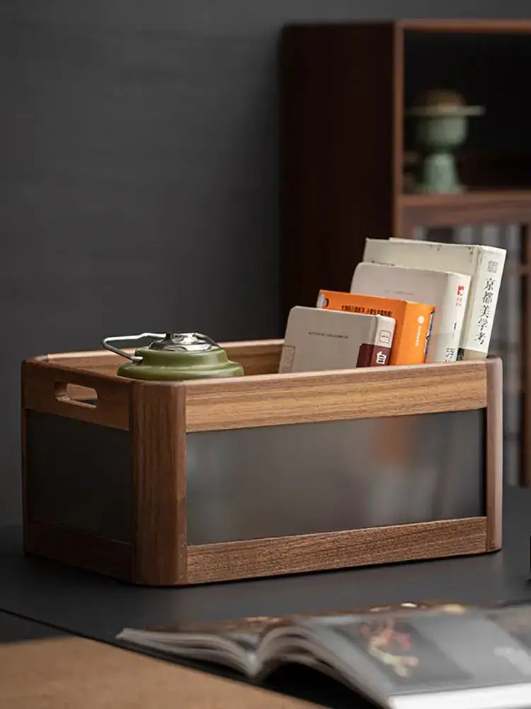 Black walnut wood desktop organizer set – office storage box