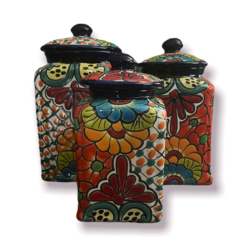 Blue Rim Talavera Canister Set | Multicolor Mexican Pottery Jars