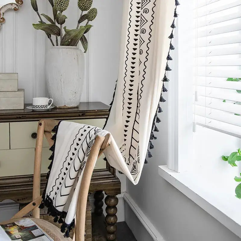 Bohemian ethnic geometry printed cream & black curtains living room