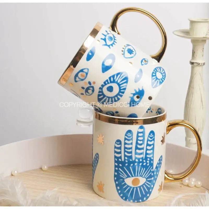 Boho blue and gold bright eyes ceramic dinner plate dining room