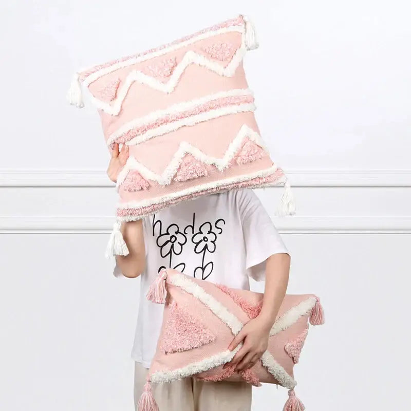 DecorBites™ Boho Pink Geometric Tufted Tassel Pillow Covers 30x100cm - Decorative Double Pillows
