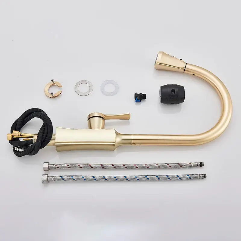 DecorBites™ Brushed Gold Kitchen Faucet Hot Cold Water Mixer Pull Out Spout Brass