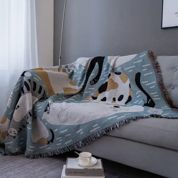 Cartoon cat throw blanket teal & blue bedroom sofa cover