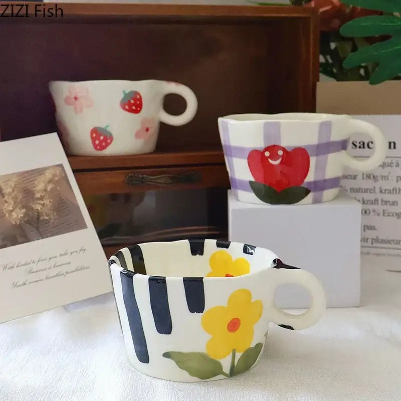 Cartoon pattern ceramic coffee mug kitchen floral tea cup