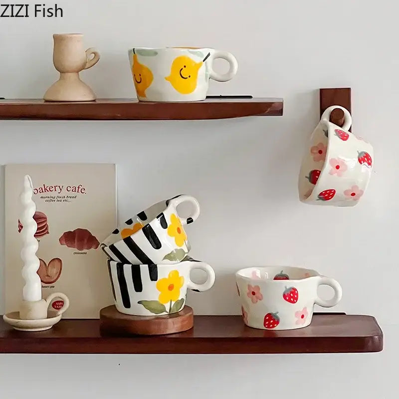 Cartoon pattern ceramic coffee mug kitchen floral tea cup