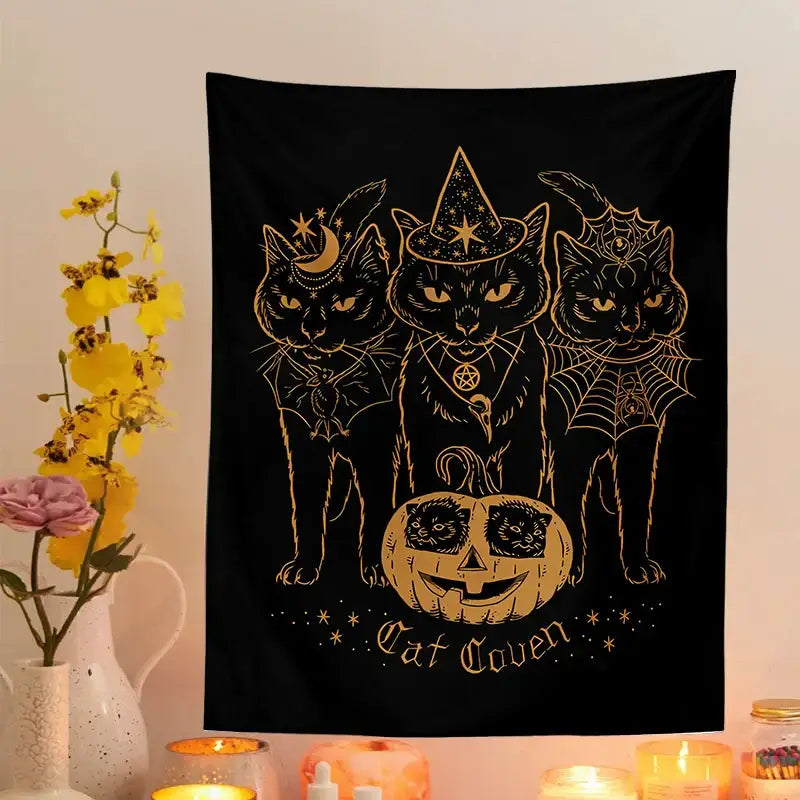 DecorBites™ Cat Coven Witchcraft Tapestry Wall Hanging - Mysterious Black Decor Tapestries