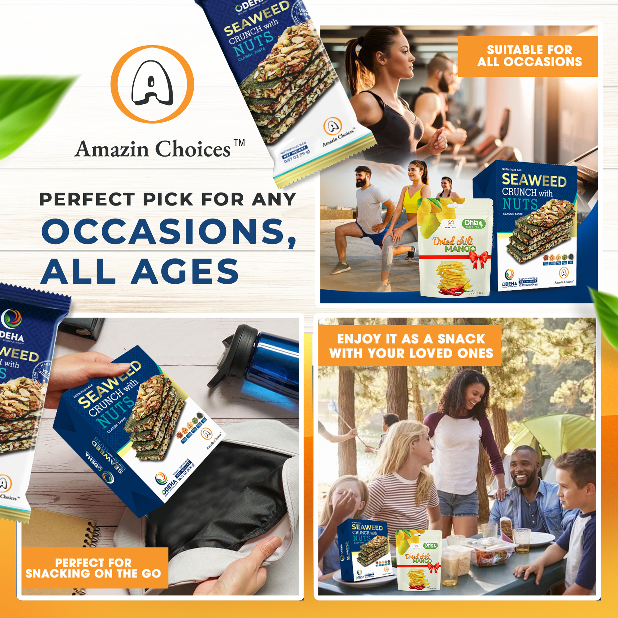 Amazin Choices Premium Seaweed Crunch with Nuts (16 Bars) – Healthy Vegan Snack – Buy for $19.99 Get FREE Dried Chili Mango 3.52oz ($7.99 Value) – Snack Viet