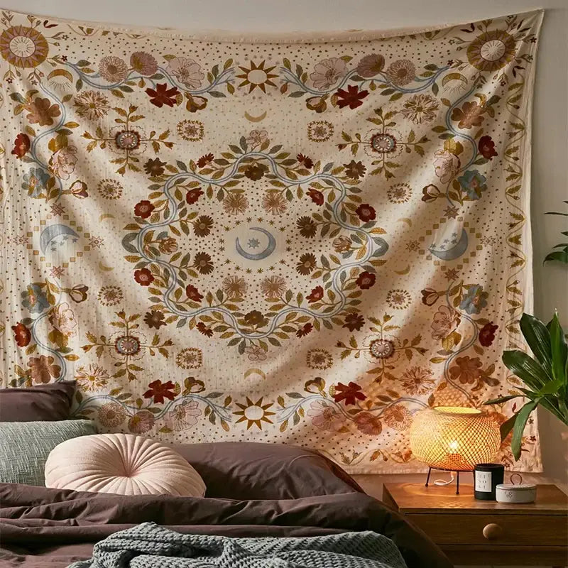 Celestial floral moon phase tapestry bedroom wall decor