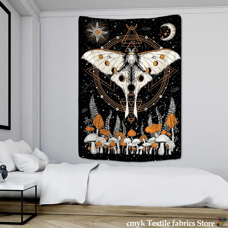 DecorBites™ Celestial Moth Tapestry: Moon Phase Flower Mandala Wall Decor
