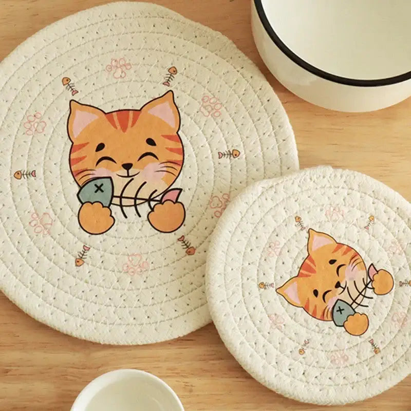 DecorBites™ Cat Print Round Woven Coaster Cup Mat Table Heat Insulation Pad