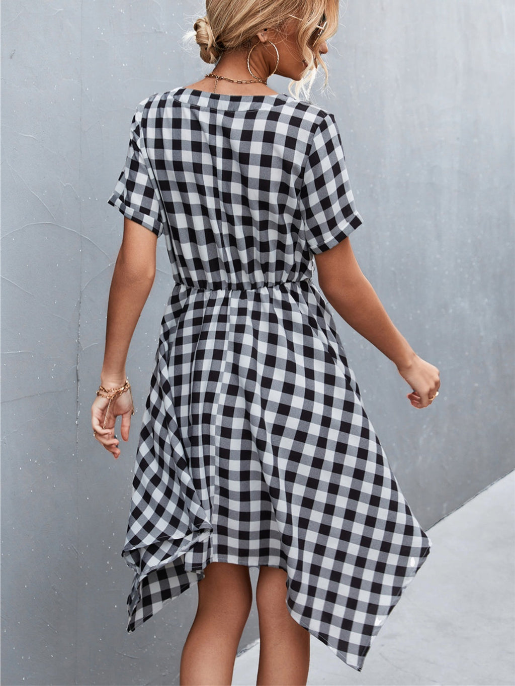 Plaid Notched Short Sleeve Dress