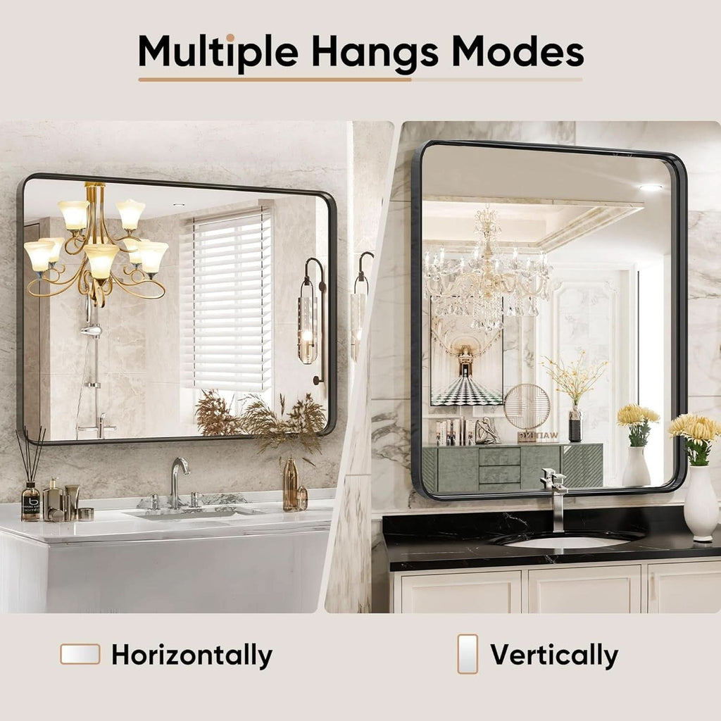 Black Metal Framed Vanity Mirror 30x22 Inch Over Sink