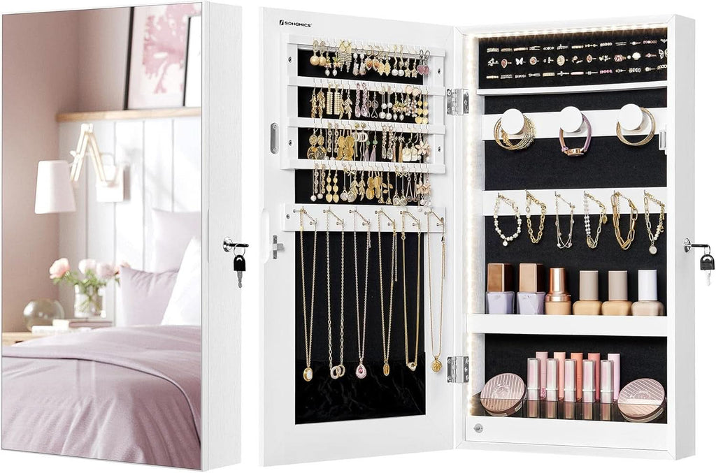 Mirror Jewelry Cabinet Armoire With LED Lights White