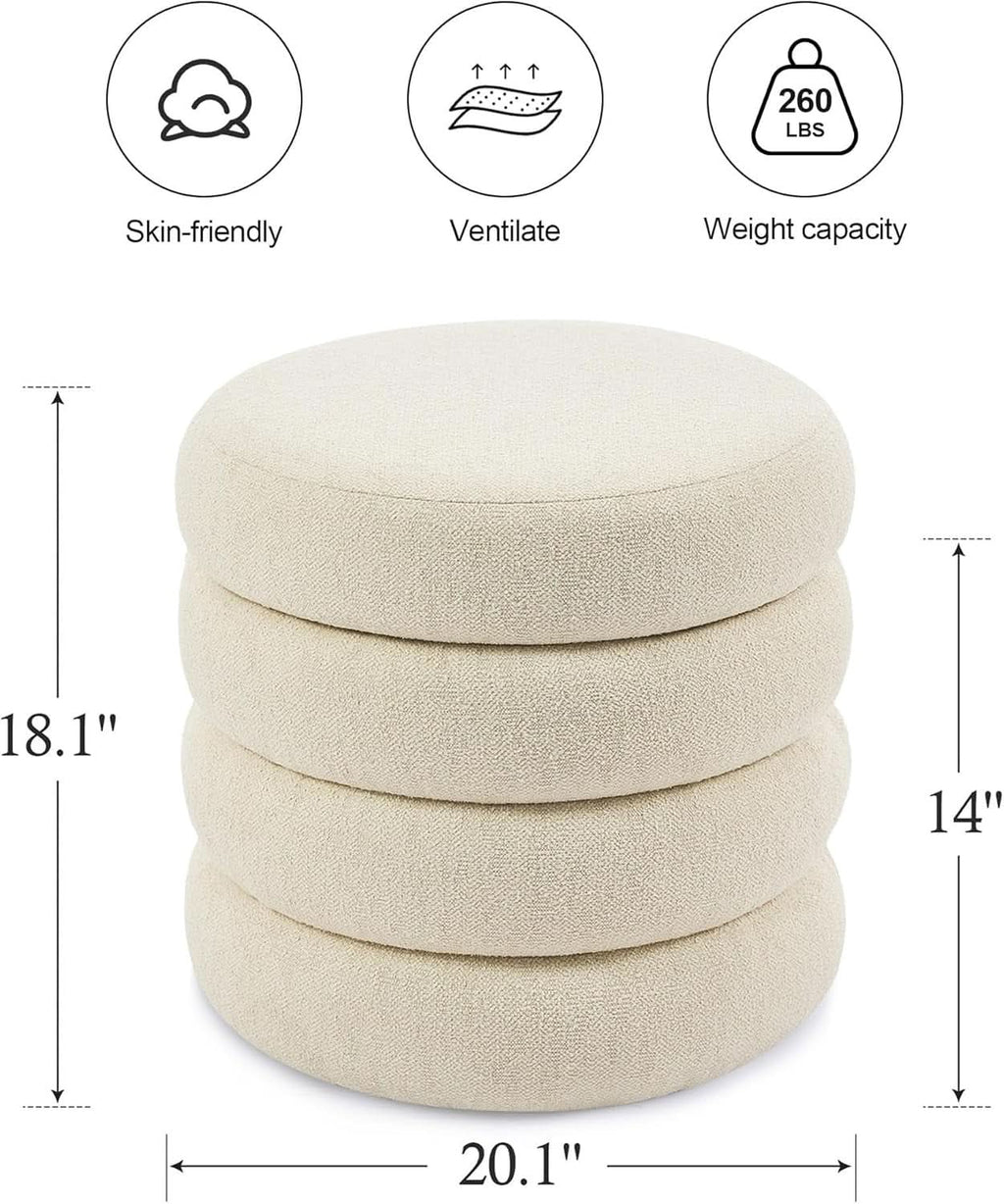 Beige Linen Upholstered Round Storage Ottoman Removable Lid
