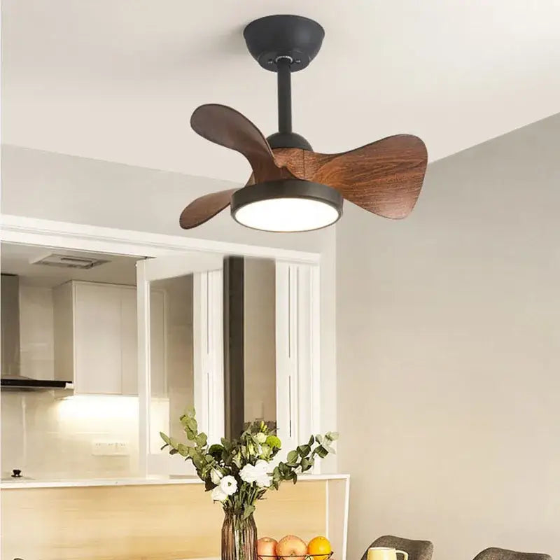Modern white led ceiling fan with wooden blades bedroom light