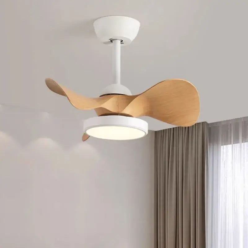 Modern white led ceiling fan with wooden blades bedroom light