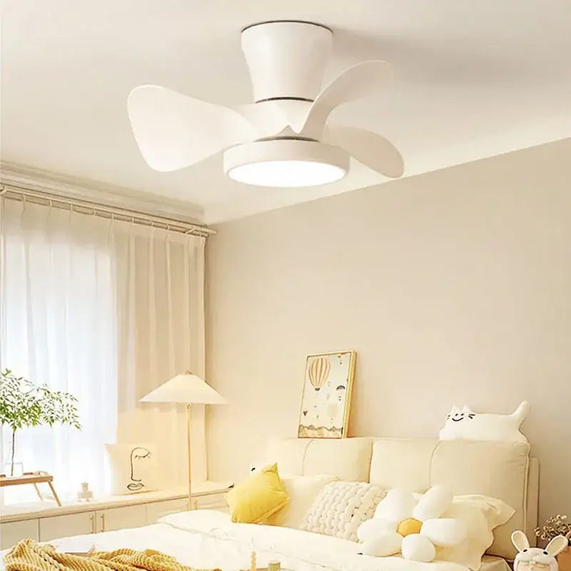 Modern white led ceiling fan with wooden blades bedroom light