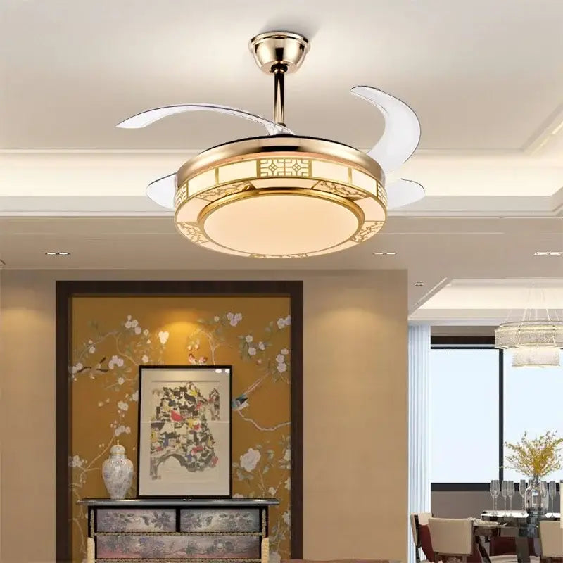 Modern geometric gold led ceiling fan – living room dimmable light