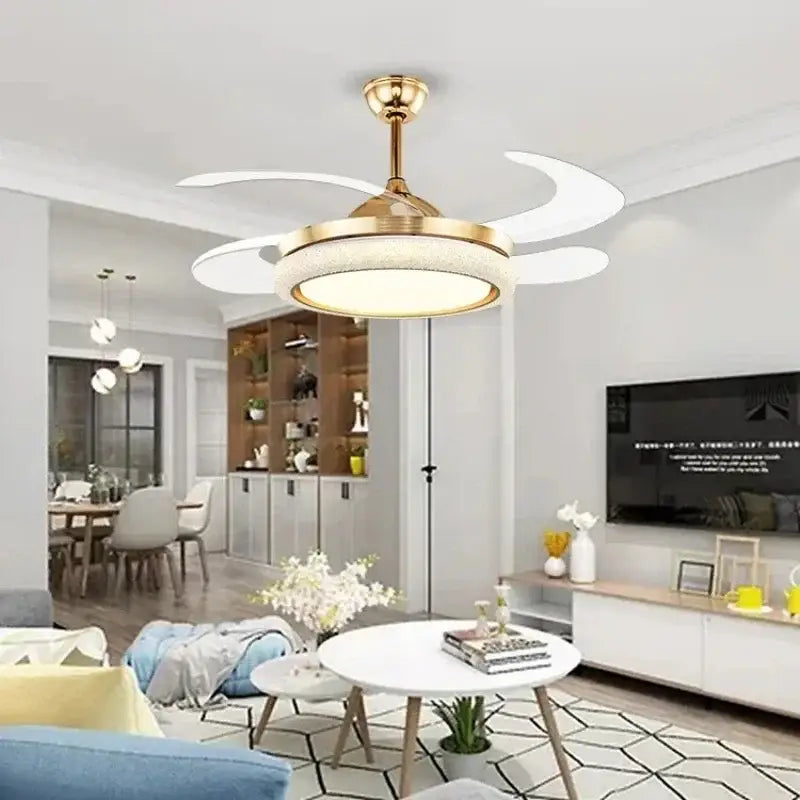 Gold crystal retractable ceiling fan light bedroom led fan light