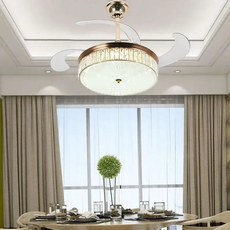 Modern gold crystal ceiling fan with retractable blades bedroom light