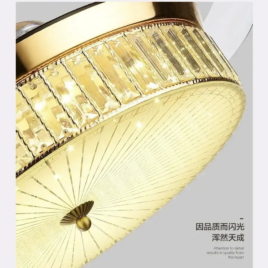 Modern gold crystal ceiling fan with retractable blades bedroom light