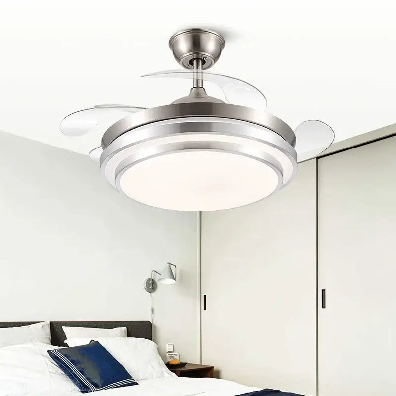 Modern brushed stainless led ceiling fan bedroom retractable blades