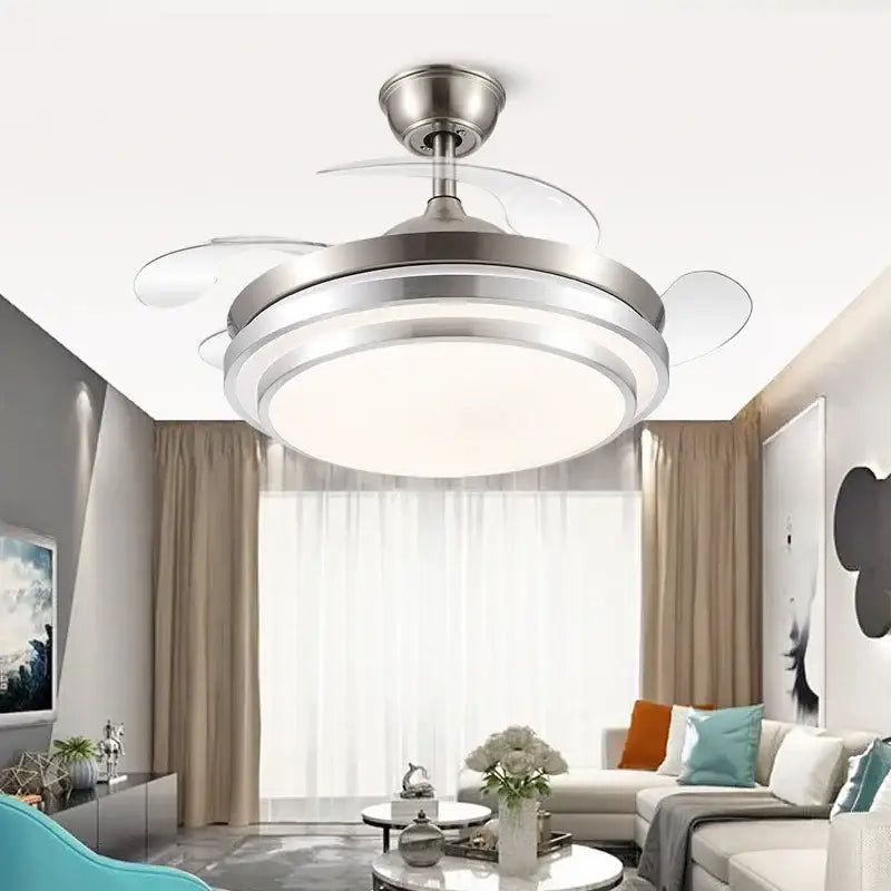 Modern brushed stainless led ceiling fan bedroom retractable blades