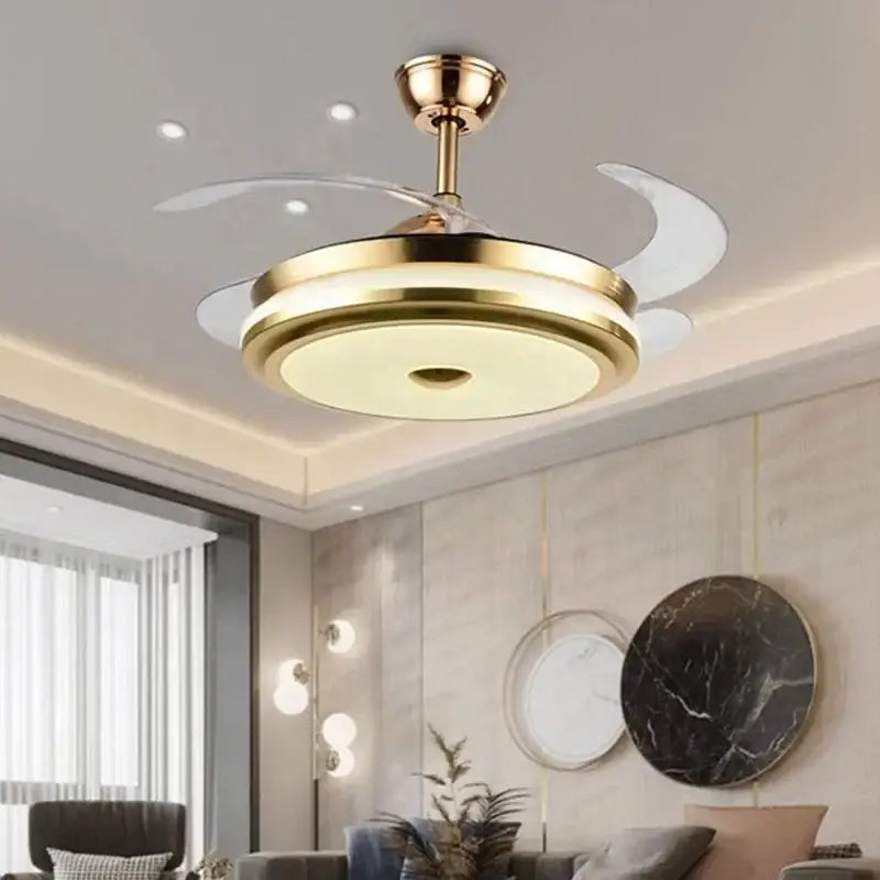 Modern gold retractable ceiling fan light living room remote control